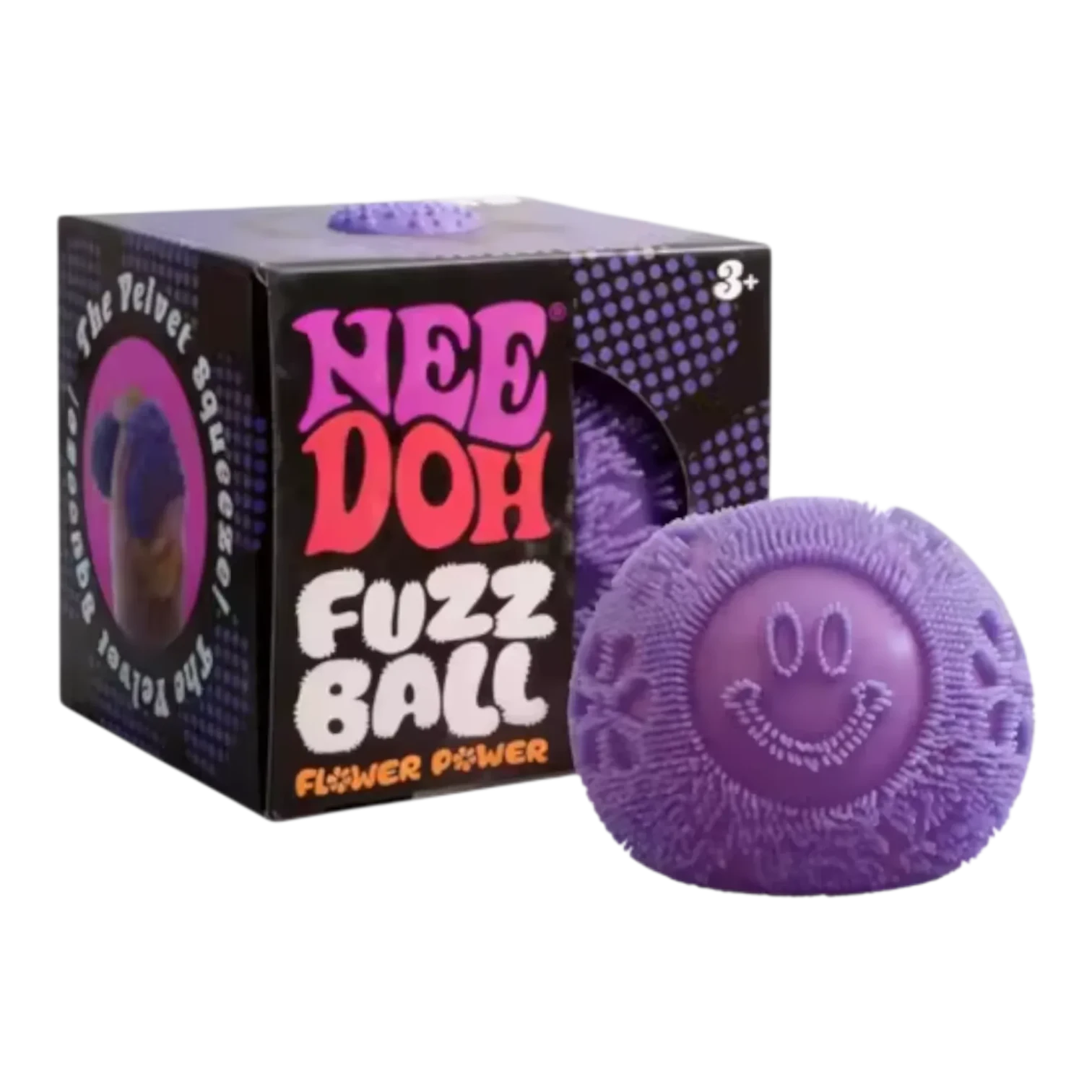 Squish Planet NeeDoh Fuzz Ball Flower Power purple fuzzy smiley face fidget toy with soft squishy core.